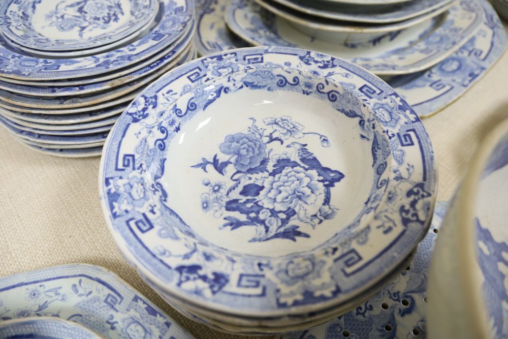 A mid 19th century Masons ironstone blue pheasant pattern 57 piece part dinner service